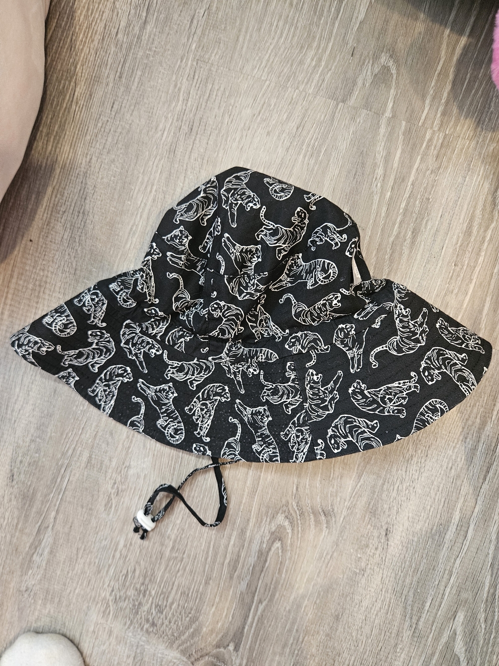 Kids Black Tiger Print Bucket Hat with Chin Strap